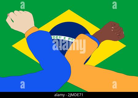 Ellenbogenstoß. Neuer, innovativer Gruß zur Vermeidung der Ausbreitung des Coronavirus vor einer brasilianischen Flagge. Stockfoto