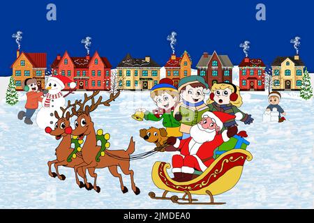 Illustration eines weihnachtsbildes in der Nacht mit einer Reihe von Häusern, Kindern, die Lieder singen und einen Schneemann und Santaklaus bauen Stockfoto