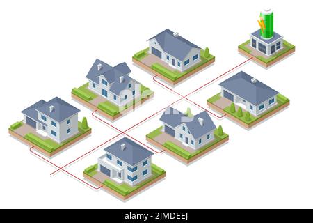 Isometrisches Hochspannungsübertragungsnetz. Erzeugt Strom. Intelligentes Stromnetz für erneuerbare Energien. Stock Vektor