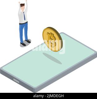 Isometrische Ansicht von Phone Bitcoin Floating man Hands in Air Stock Vektor