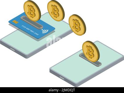 Isometrisches Bitcoin Zahlung Senden von einer Karte und Empfangen an ein Telefon Stock Vektor