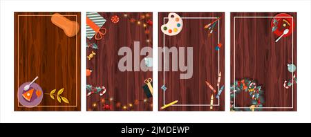 Set von flachen Vektor-Banner für Weihnachten, Herbst, halloween, Schule. Cartoon Feiertagsvorlage mit festlichen Dekorationen und Essen. Neujahrskarte mit einem Stock Vektor