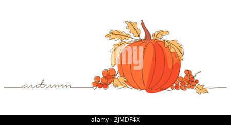 Kontinuierliche Linie Zeichnung Herbst farbigen Hintergrund. Kürbis und Beere dekorative Stillleben boho Vektor-Illustration Stock Vektor