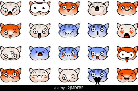 Verschiedene Cartoon Kitten Set. Doodle Gesichter, Augen und Mund. Karikatur Comic ausdrucksstarke Emotionen, lächelnd, weinend und überrascht Charakter Gesicht expressio Stock Vektor