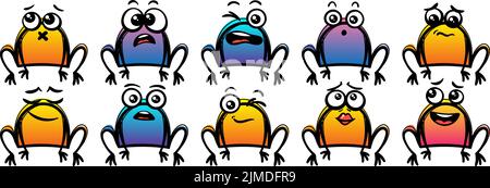 Verschiedene Cartoon Frösche Set. Doodle Gesichter, Augen und Mund. Karikatur Comic expressive Emotionen, lächeln, weinen und überrascht Charakter Gesichtsausdruck Stock Vektor