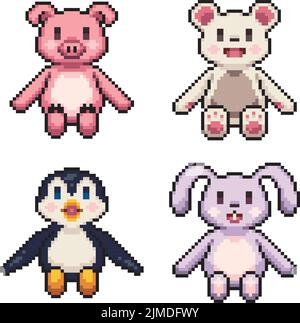 Eine 8 Bit pixelige Illustration von niedlichen Tierpuppe Set: Schwein, Eisbär, Pinguin, Hase Kaninchen Stock Vektor