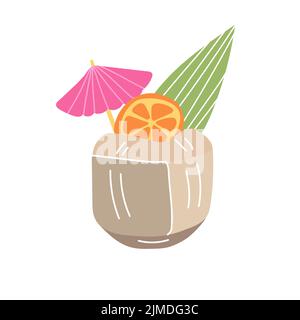 Kokoswasser-Getränk. Geschälte Kokosnuss Cocktail-Symbol isoliert auf weißem Hintergrund. Tiki fruchtiges exotisches Getränk Stock Vektor