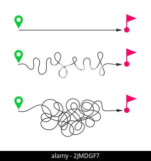 Gerade und gekrümmte Pfade von den Start-Map-Pins bis zu den Finish-Flags. Schnelle und langsame Lieferung, einfache und harte Plan, kurze und lange Weg, ideal und schwierige Leben, Ziel erreichen Ebenen. Vektorgrafik flach Stock Vektor