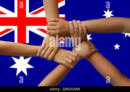 Australien Flagge, Integration einer multikulturellen Gruppe junger Menschen Stockfoto