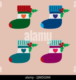 Ein Set von bunten Weihnachtssocken mit Misteln auf dem rosa Hintergrund Stock Vektor