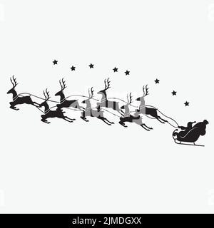 Eine graue Silhouette des Weihnachtsmanns, der am Nachthimmel mit Rentieren auf seinem Schlitten fliegt Stock Vektor
