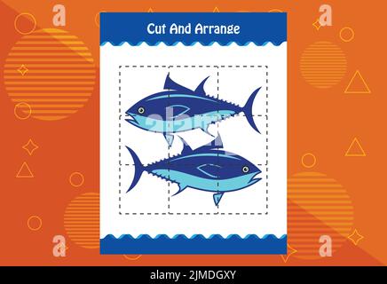 Schneiden und ordnen Sie mit einem Fisch Arbeitsblatt für Kinder. Pädagogisches Spiel für Kinder Stock Vektor