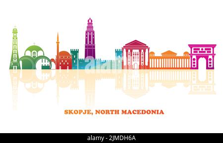 Kolorvolles Skyline-Panorama der Stadt Skopje, Nordmakedonien - Vektorgrafik Stock Vektor