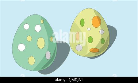 Eine editierbare Vektordarstellung von zwei Eiern mit bunten Flecken auf blauem Hintergrund Stock Vektor
