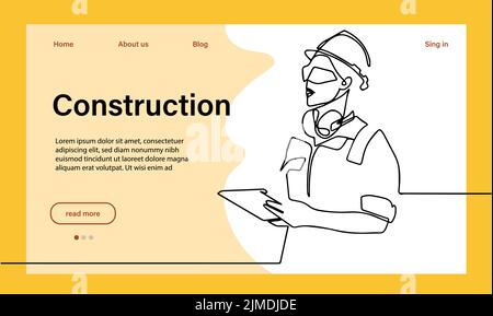 Vektor Landing Page der Architektur arbeitet mit schützenden Gesichtsmasken für die Sicherheit in der industriellen Maschinenfabrik. Kontinuierliche Zeichnung mit einer Linie für Ihr minimales Design Stock Vektor