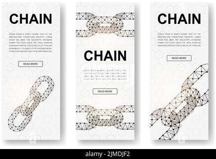 Set aus dreikettigen mehrkettigen vertikalen Transparenten. 3D Blockchain Low-Poly-Symbole mit verbundenen Punkten. Vertikale Illustration für Homepage-Design. Stock Vektor