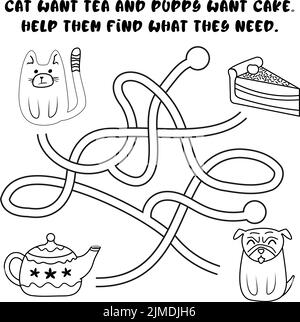 Labyrinth-Spiel für Kinder. Helfen Sie der Katze, Tee und Hundekuchen zu finden. Preschool Bilder mit verworrener Straße Labyrinth ausmalen. Schwarz-Weiß-Vektor illustrr Stock Vektor