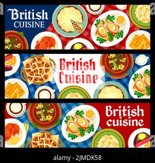 Britische Küche Restaurant Mahlzeiten und Gerichte Banner. Kaffee, irischer Eintopf und heiße Brötchen, Entenpastete, schottische Eier und Käse-Toast, gebackenes Kaninchen, Reisfischkedgeree und Rindersteak Stock Vektor