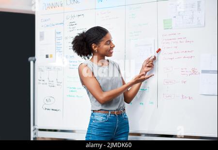 Geschäftsfrau, Coach und Projektmanagerin, die während ihrer Präsentation eine Strategie planen und Ideen auf einem Whiteboard Brainstorming durchführen. Junge Unternehmer und Stockfoto