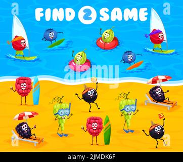 Finden Sie zwei gleiche Cartoon-Beere-Charaktere am Sommerstrand. Kinder Rätsel, ähnliche Objekte finden Quiz Vektor Arbeitsblatt oder Puzzle mit Trauben, schwarze Johannisbeere und Brombeere, Stachelbeere, Heidelbeere und Preiselbeere Stock Vektor