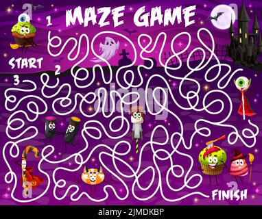 Labyrinth Labyrinth Labyrinth Spiel. Cartoon Halloween Süßigkeiten Figuren Vektor-Puzzle mit finden richtigen Weg Aufgabe und beginnen, Weg zu beenden. Kinder Bildung Rätsel Quiz mit Zombie Lutscher, Hexe und Geisterkuchen Stock Vektor