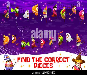 Finden Sie die richtigen Stücke von Cartoon Halloween Süßigkeiten Zeichen auf dem Friedhof. Vektor Kinder Spiel oder Puzzle Arbeitsblatt mit lustigen Trick or Treat Süßigkeiten. Passen Sie die Hälften von Kürbiskuchen, Hexe, Fledermaus Cupcakes Stock Vektor