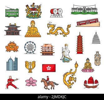 Wahrzeichen Hongkongs und Farbsymbole für Reisen. Vector Stadt und Tempel Gebäude, bauhinia, Buddha und Trödelboot, China Flagge, Peak Tram und Pagodenturm, Gottheit, Gold Drachen, Wappen, Fähre und Trommel Stock Vektor