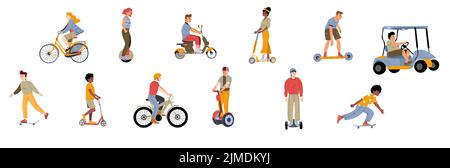 Charaktere fahren elektrischen Transport, speichern Ökologie Konzept. Die Menschen verwenden Roller, Hoverboard, monowheel, Skateboard, Golfwagen umweltfreundliche Transport für Stadtbewohner. Vektor mit flachem Satz für Strichgrafiken Stock Vektor