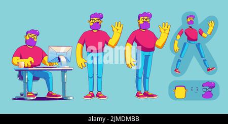 Mann Charakter sitzt am Tisch mit Computer und steht. Vector Animation Set mit Teilen des Körpers und Kopf der Person in zeitgemäßem Stil. Kreation Modell von Kerl freiberuflich oder Büroangestellte Stock Vektor