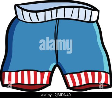 Eine Vektordarstellung einer blauen Shorts mit rot-weiß gestreiften Ecken auf weißem Hintergrund Stock Vektor