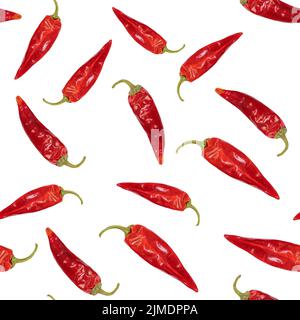 Nahtlose Textur aus rotem Chili oder Chili Cayennepfeffer auf weißem Hintergrund. Minimales Lebensmittelmuster Stockfoto
