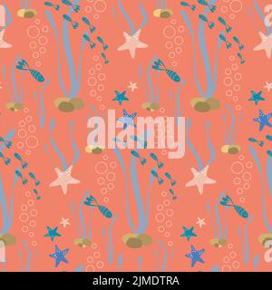 Pastell-Nahtloses Muster mit Fisch und Seesternen für den Sommer-Hintergrund in nuatischem Stil. Flaches Design, roter Hintergrund Stock Vektor