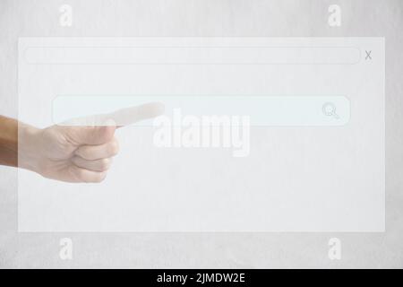Web-Computer-Template-Konzept für die Internet-Suche. Die Finger berühren die Suchtaste mit Lupe, das Suchmaschinen-Symbol auf dem Bildschirm. Surfen im Internet, Websi Stockfoto