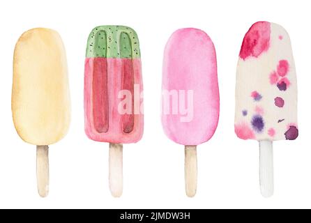Aquarell Zeichnung Eis auf weißem Hintergrund. Kaltes Dessert mit Wassermelone. Fruchtrosa Popsicle mit Beere. Gelbe Vanille Stockfoto
