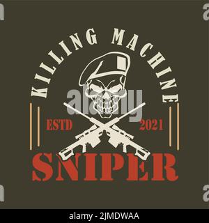 Ein Vintage-Sniper-Logo in weißen und roten Farben auf dunklem Hintergrund Stock Vektor