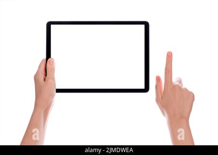 Hände mit schwarzem Tablett, isoliert auf weißem Hintergrund Stockfoto