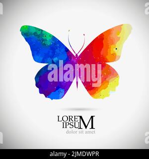 Regenbogen Aquarell Schmetterling. Mehrfarbiger Logo-, Icon- und T-Shirt-Druck. Vektorgrafik Stock Vektor