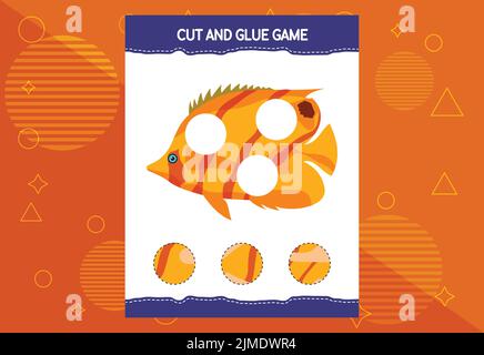 Schneiden und kleben Spiel für Kinder mit Fisch. Schneidpraxis für Vorschulkinder. Arbeitsblatt zum Bildungswesen. Stock Vektor