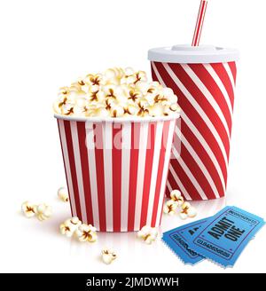 Kino-Set mit Cola Glas Popcorn Eimer und Tickets realistisch vektorgrafik Stock Vektor