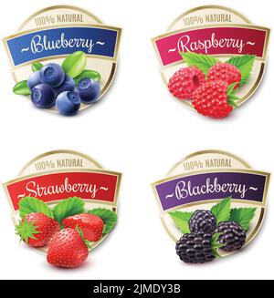 Berry Etiketten realistische Set mit Erdbeere und Heidelbeere isoliert Vektor Abbildung Stock Vektor