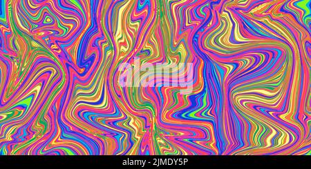 Lebhaftes, psychedelisch nahtloses Marmormuster mit Halluzinationsverdrehungen. Vektor flüssige Acryl-Textur. Flow Art. Trippy 70s textiler Hintergrund. Farbstoff für Krawatten Stock Vektor