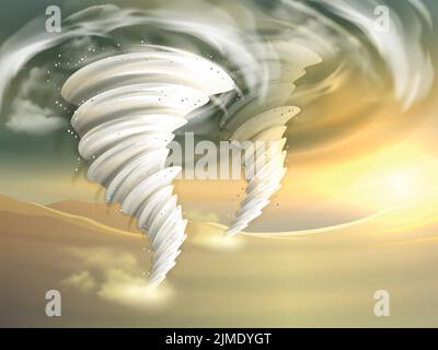 Zwei realistische Tornado-Wirbel mit Sonne und Wolken auf dem Hintergrund vektorgrafik Stock Vektor