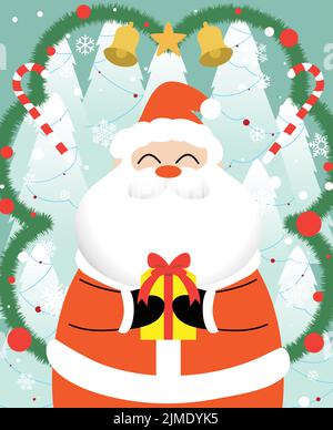 Weihnachtsmann-Weihnachtskarte. Weihnachtsdekorationen Hintergrund mit Kiefern. Lametta-Ornamente. Stock Vektor