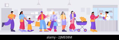 Menschen stehen in der Warteschlange in der Apotheke. Vektor-flache Abbildung der Drogerie mit Apotheker und Käufer warten in einer langen Reihe mit Frau mit Babywagen, Junge und Schwangeren Stock Vektor