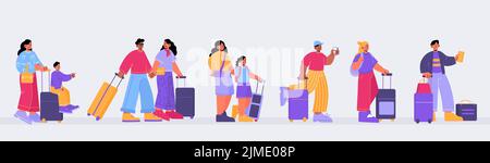 Personen mit Koffern stehen in der Schlange, um den Schalter am Flughafenterminal oder Bahnhof zu überprüfen. Vektor-flache Abbildung von Passagieren mit Gepäck und Tickets warten in der Schlange Stock Vektor