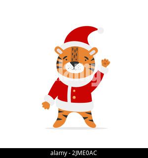 Vektor niedlichen Tiger auf einem weißen Hintergrund. Symbol für Neujahr 2022. Lustige Tiger Junge trägt weihnachtsmann Hut. Stock Vektor