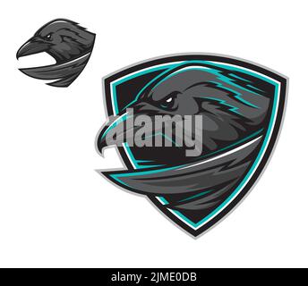 Cartoon Rabe Maskottchen für Sport-Team-Club, Vektor-Symbol. Basketball- oder Baseballspieler sowie Fußballspieler oder Eishockeyspieler Maskottchen-Abzeichen des wütenden Rabenvogels in Schildschrecke Stock Vektor