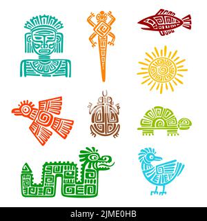 Maya azteken Totem Tiere, Vektor-Tier-Symbole mit Stammes ethnischen Muster der alten einheimischen mexikaner oder inka. Eidechse, Sonne, Schlange und Adler, gott oder Idol, Schildkröte, Fische und Krähen indigener Totems Stock Vektor