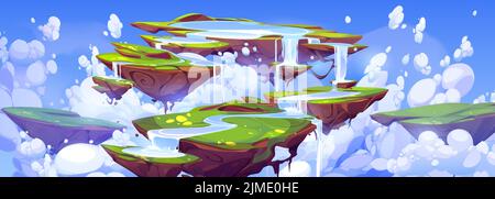 Game-Hintergrund mit Fantasy-Sommerlandschaft mit Wasserfall auf schwimmenden Inseln und Wolken in blauem Himmel. Vektor-Cartoon-Illustration mit fliegenden Boden Stücke mit Fluss und grünem Gras Stock Vektor
