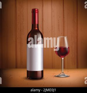 Weinflasche Vorlage mit Glas Rotwein realistischen Vektor Abbildung Stock Vektor